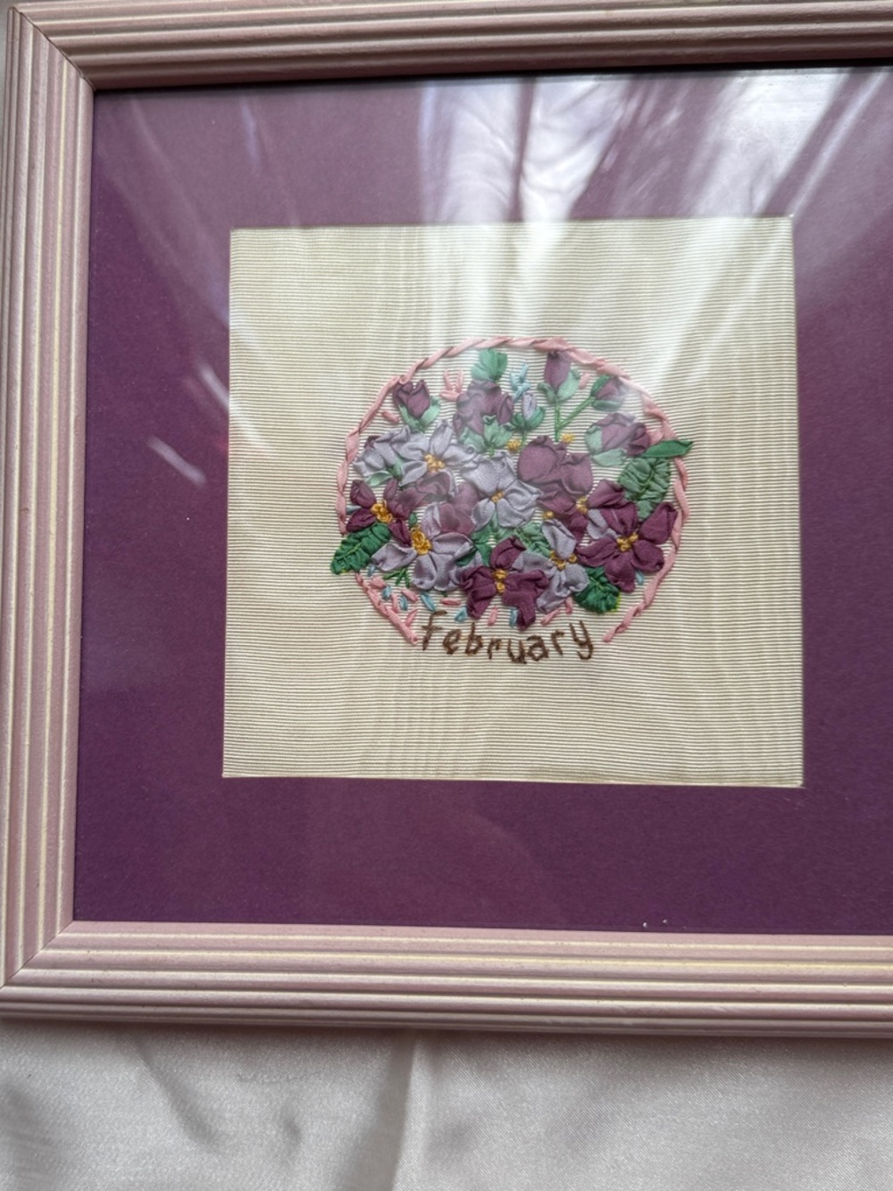 February Floral Ribbon Embroidery Wall Art - Purple and Green